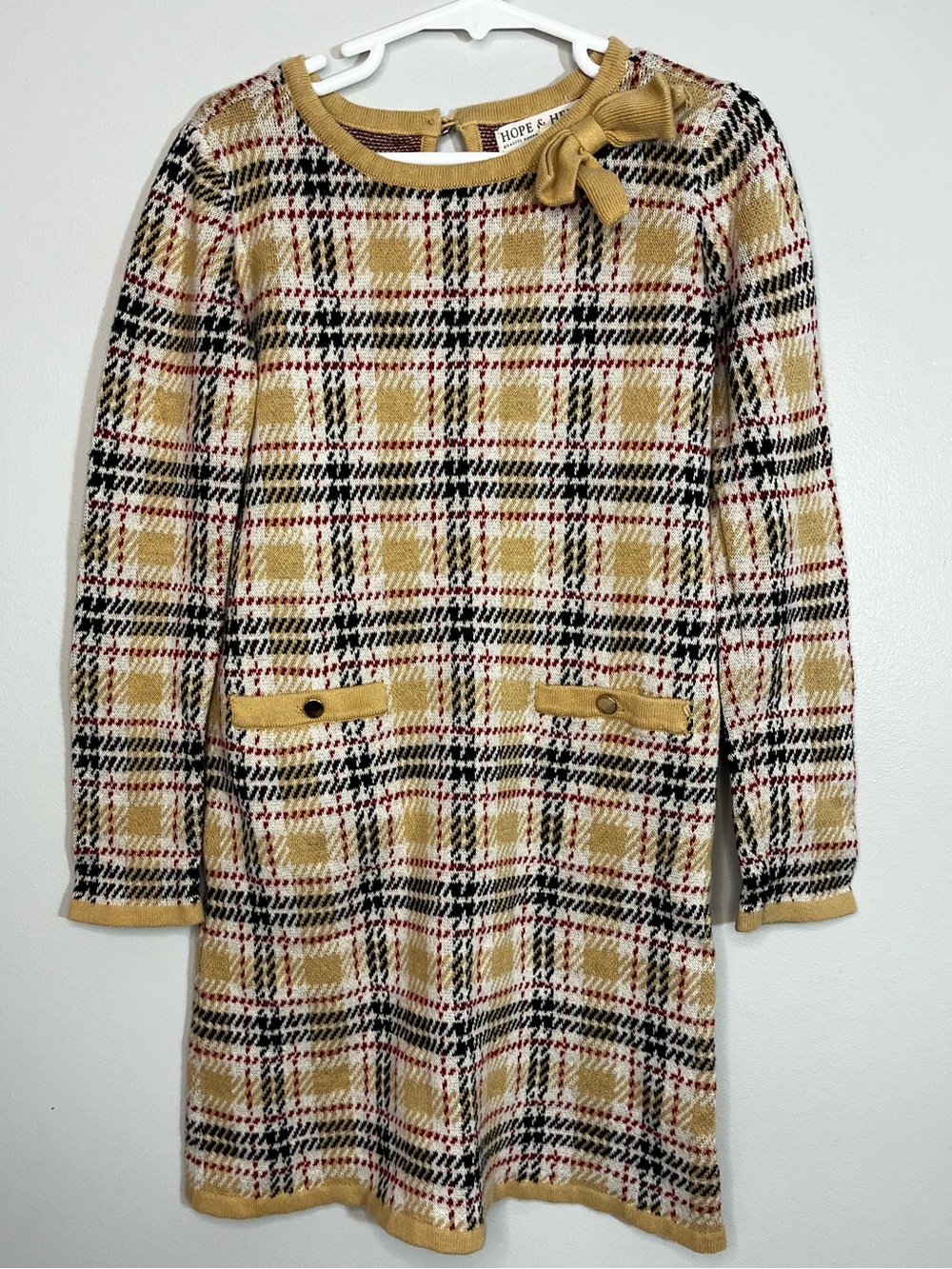 Hope & Henry Tan Organic Cotton Plaid Knit Dress with Bow Girl’s 6